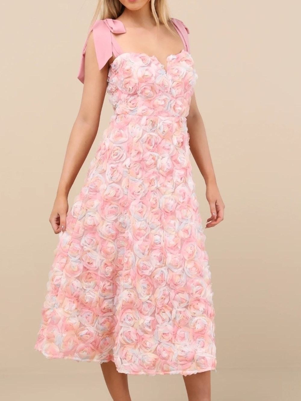 Lulu's Pink 3D Floral A-Line Midi Dress Med